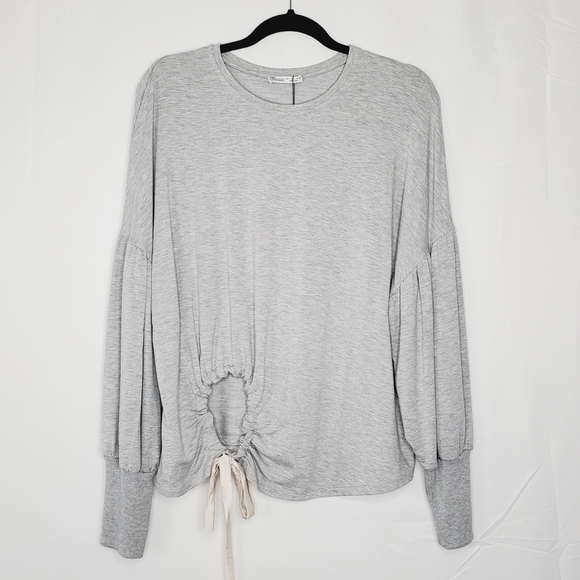 Zara Puff Sleeve Tie Front Sweatshirt Size L Lightweight Cutout Pullover NEW - Picture 9 of 11